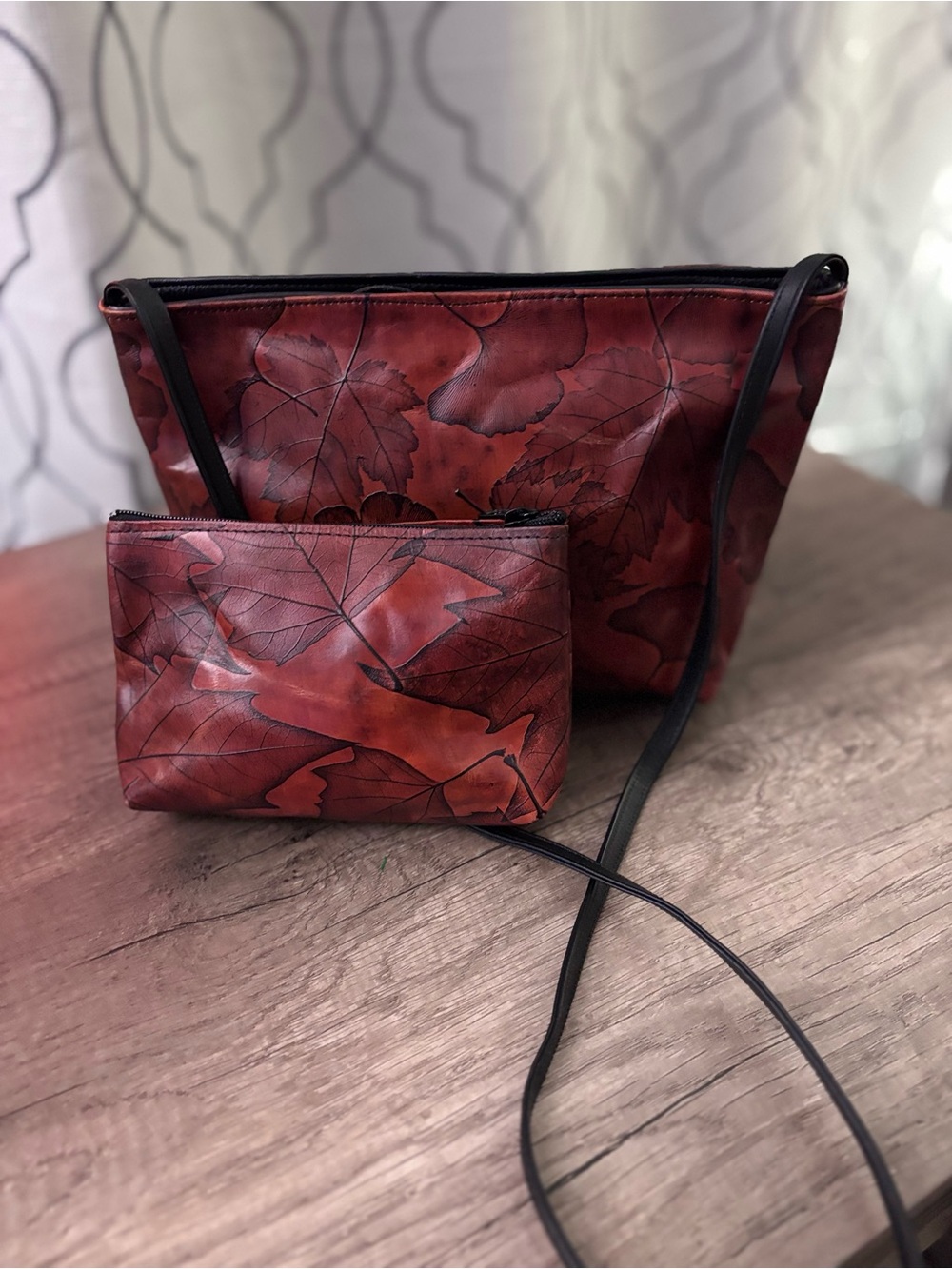 Red Leaf-Print Leather Crossbody Set with Matching Pouch